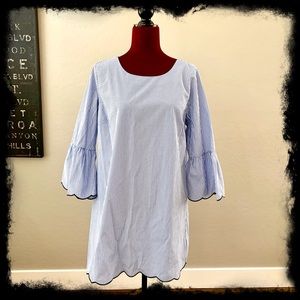 AS U WISH Scallop-hem bell-sleeves striped dress